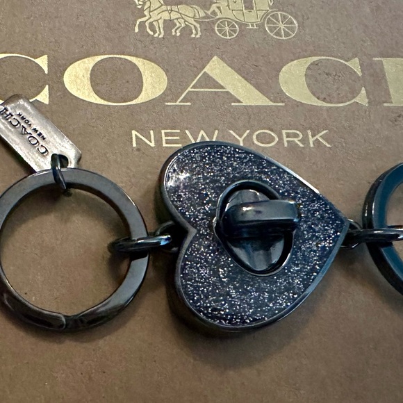 Coach Black Gray Glitter Turn Lock Heart Valet Keychain Bag Charm in Gunmetal - Picture 3 of 15